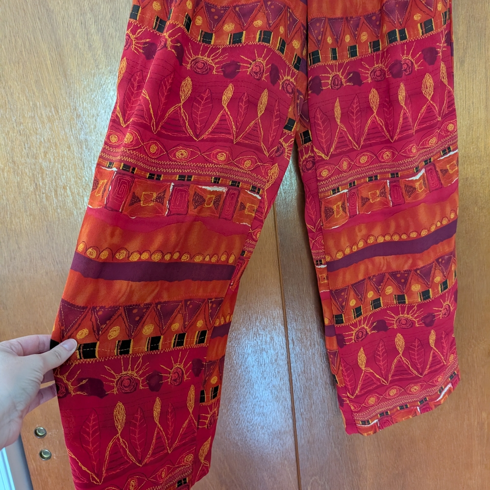 Vintage Bohemian Print Wide Leg Pants - Red and Orange Abstract Size Large - Picture 2 of 10